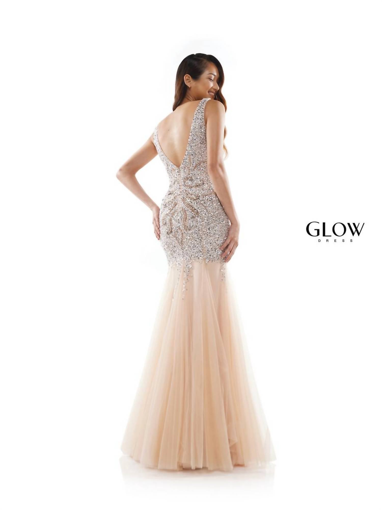 Glow by Colors Dress Beaded Tulle Mermaid Gown in gold - women's dress - alternate view