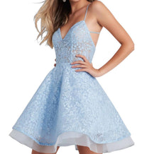 JOVANI Embroidered Fit And Flare Short Dress in light blue - women's dress