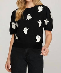She + Sky - Puff Sleeve Halloween Ghost Pattern Sweater