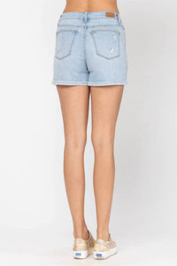 Judy Blue High Waisted Button Fly Destroyed Cuffed Stretchy Shorts in light denim - women's shorts - alternate view