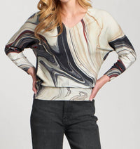 APNY Sunset Marble Printed V-neck Pullover Top in grey - women's long sleeve top