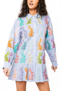 QUEEN OF SPARKLES Striped Multi Easter Bunny Button Up Cotton Dress in blue white - women's dress