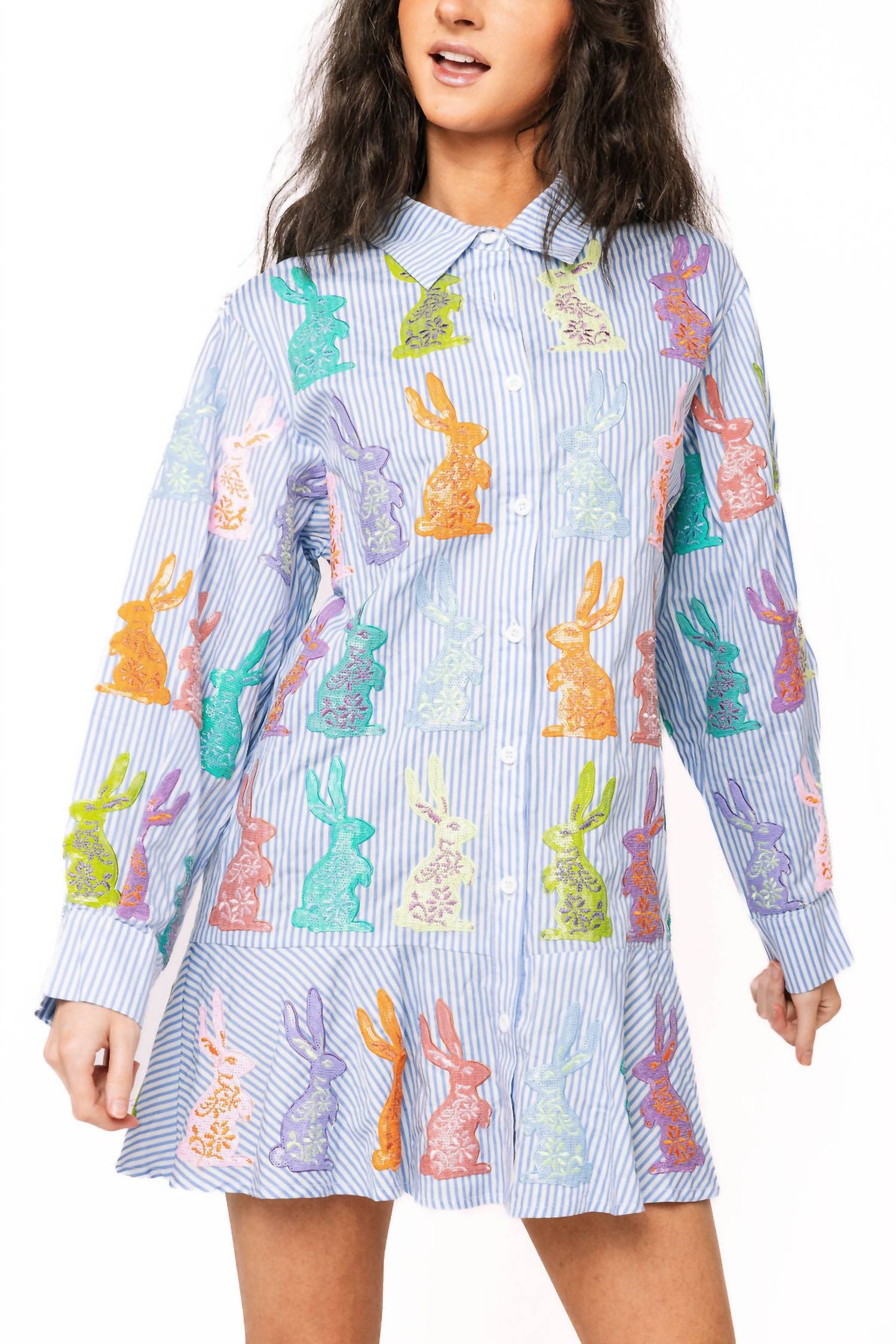 QUEEN OF SPARKLES Striped Multi Easter Bunny Button Up Cotton Dress in blue white - women's dress