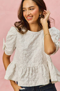So Me - Floral Jacquard Short Sleeves Peplum Ribbon Top