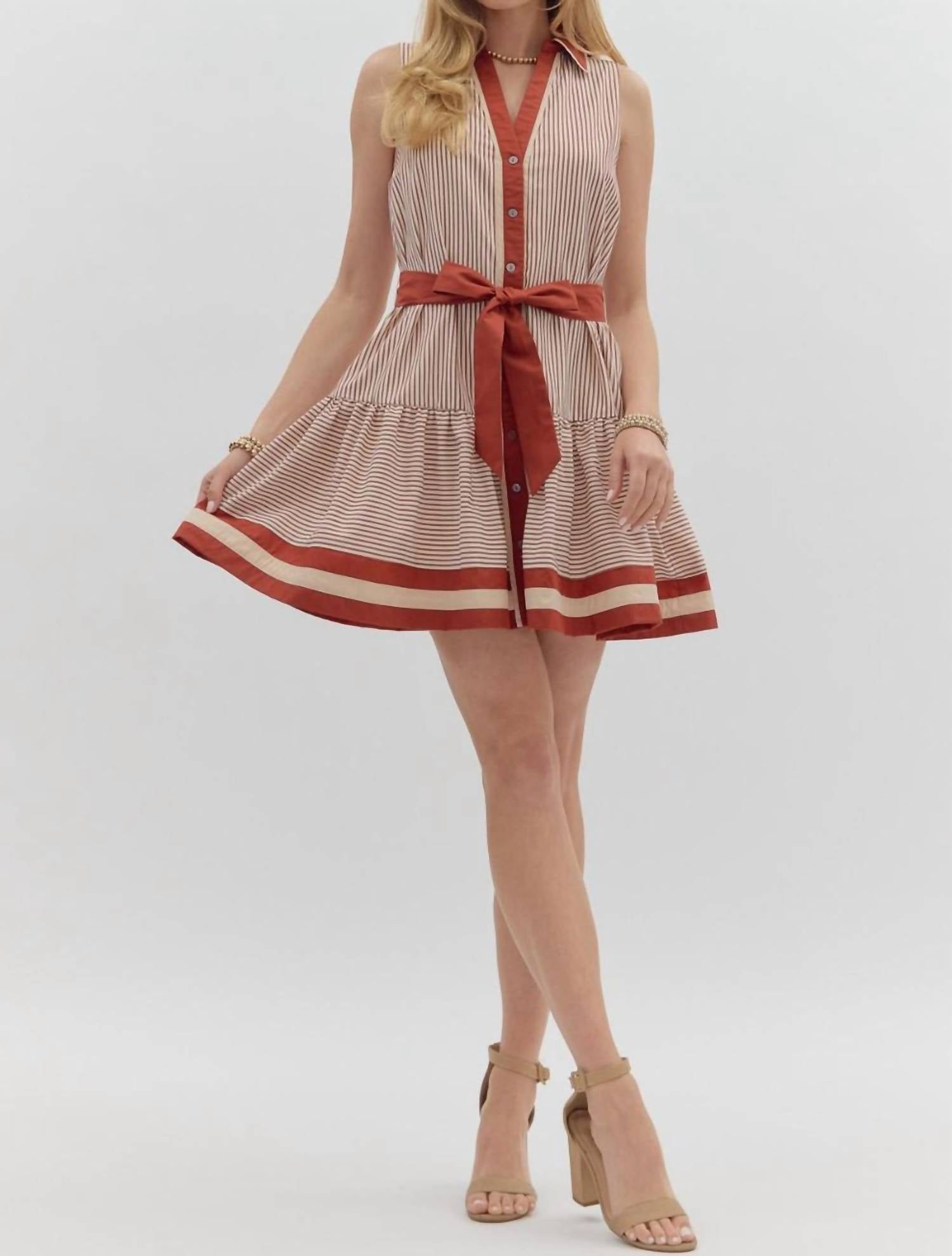 entro Striped Button Down Waist Tie Mini Dress in rust and cream - women's dress - detail view