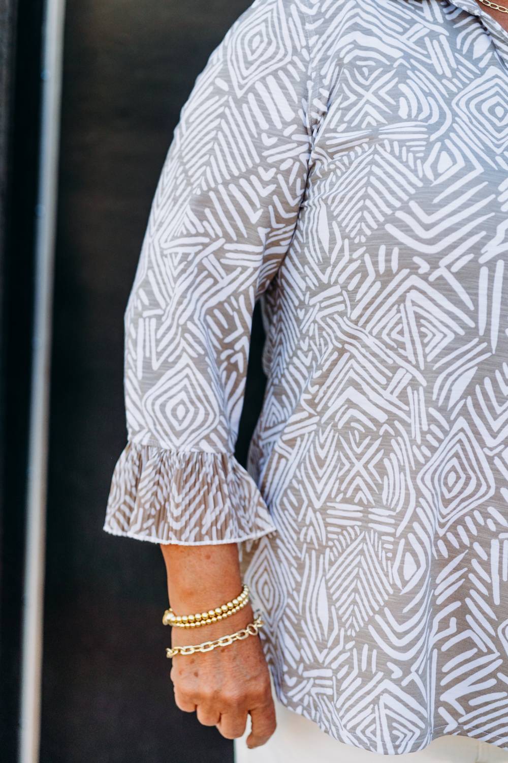 Multiples - Pleated Flounce 3/4 Sleeve Pebble Top
