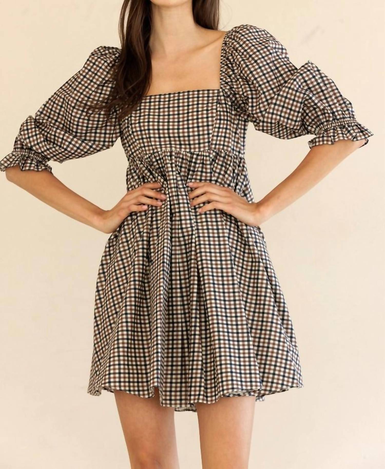 STORIA Florence Mini Dress in navy brown gingham - women's dress - view 4
