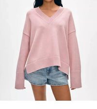 White + Warren - Organic Cotton Rib Trim Oversized V Neck Sweater