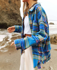 Davi & Dani - Multi Plaid Fringe Hem Shirt Jacket Shacket