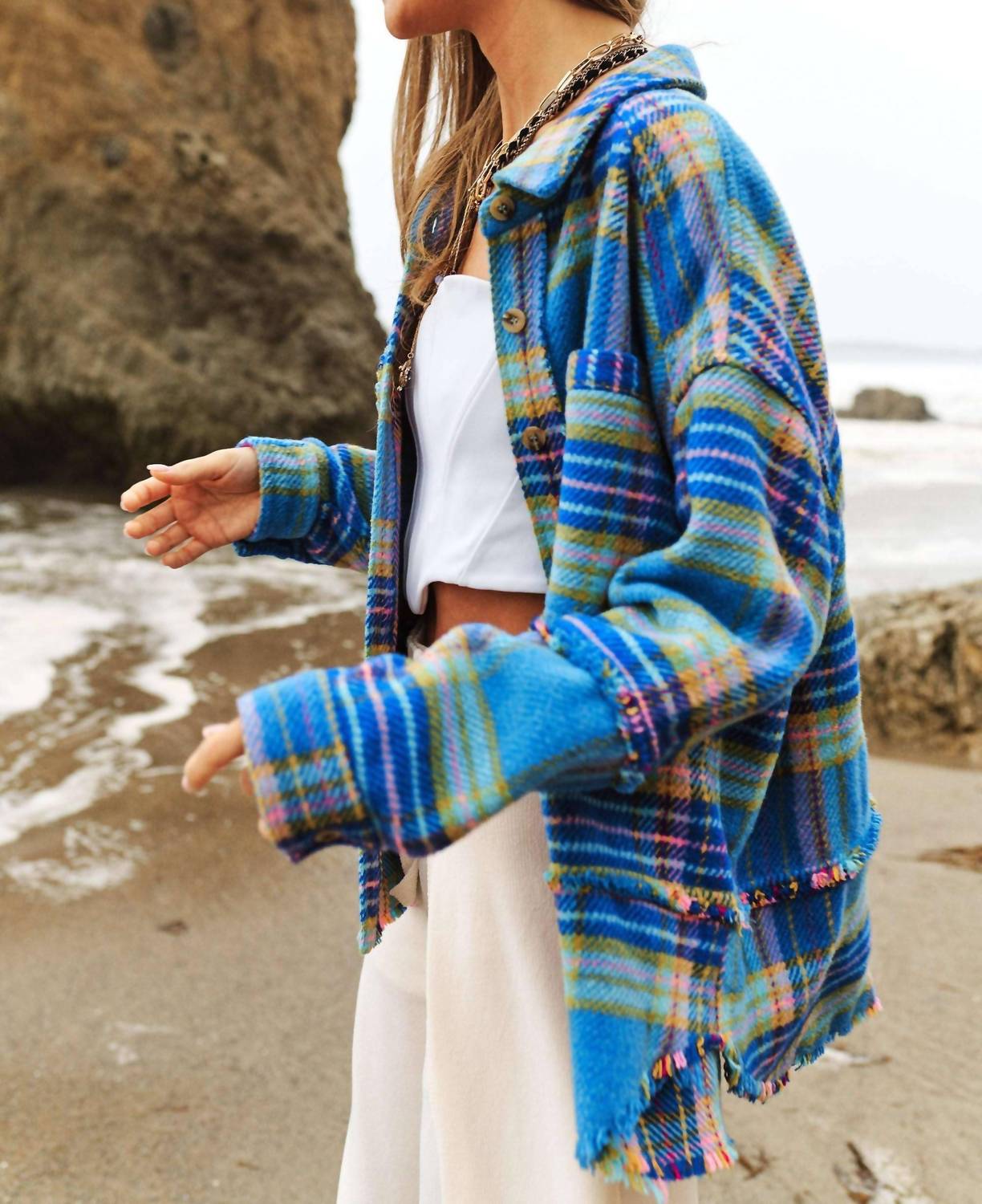 Davi & Dani - Multi Plaid Fringe Hem Shirt Jacket Shacket