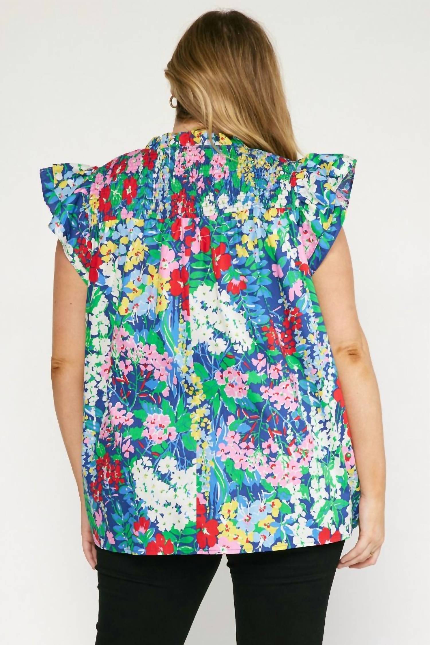 Entro - Floral Ruffle Sleeve Top - Plus