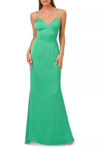 Liv Foster - Adjustable Spaghetti Strap Tie Back V-neck Textured Satin Gown