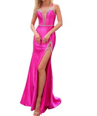 Nox Anabel - FITTED GLITTER SATIN SLEEVELESS SLIT GOWN