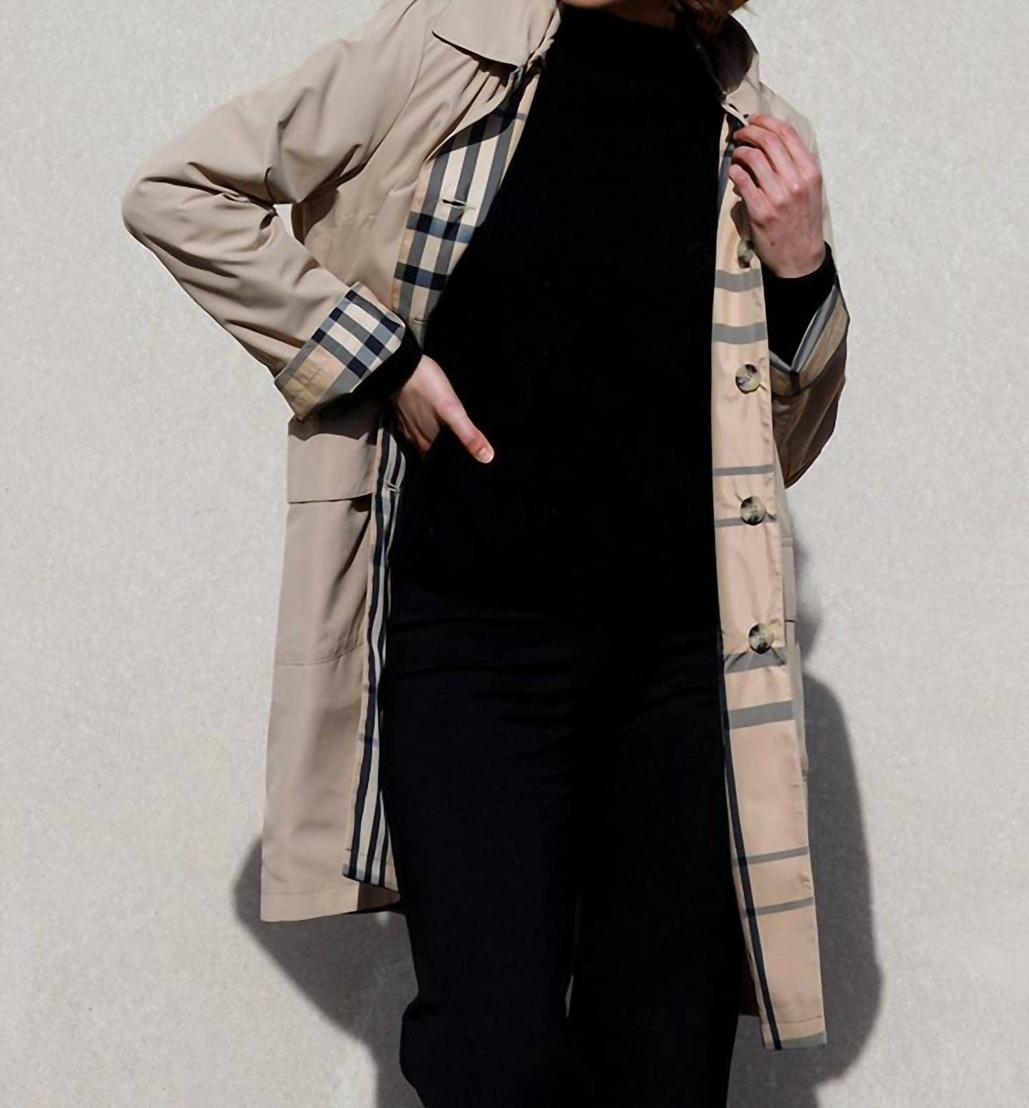 RAINRAPS Raintrench With Detachable Hood Rain Trench Coat in camel plaid - women's jacket - detail view