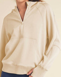 Yelete Scuba Quarter-zip Hoodie - Plus in oatmeal - women's top - detail view