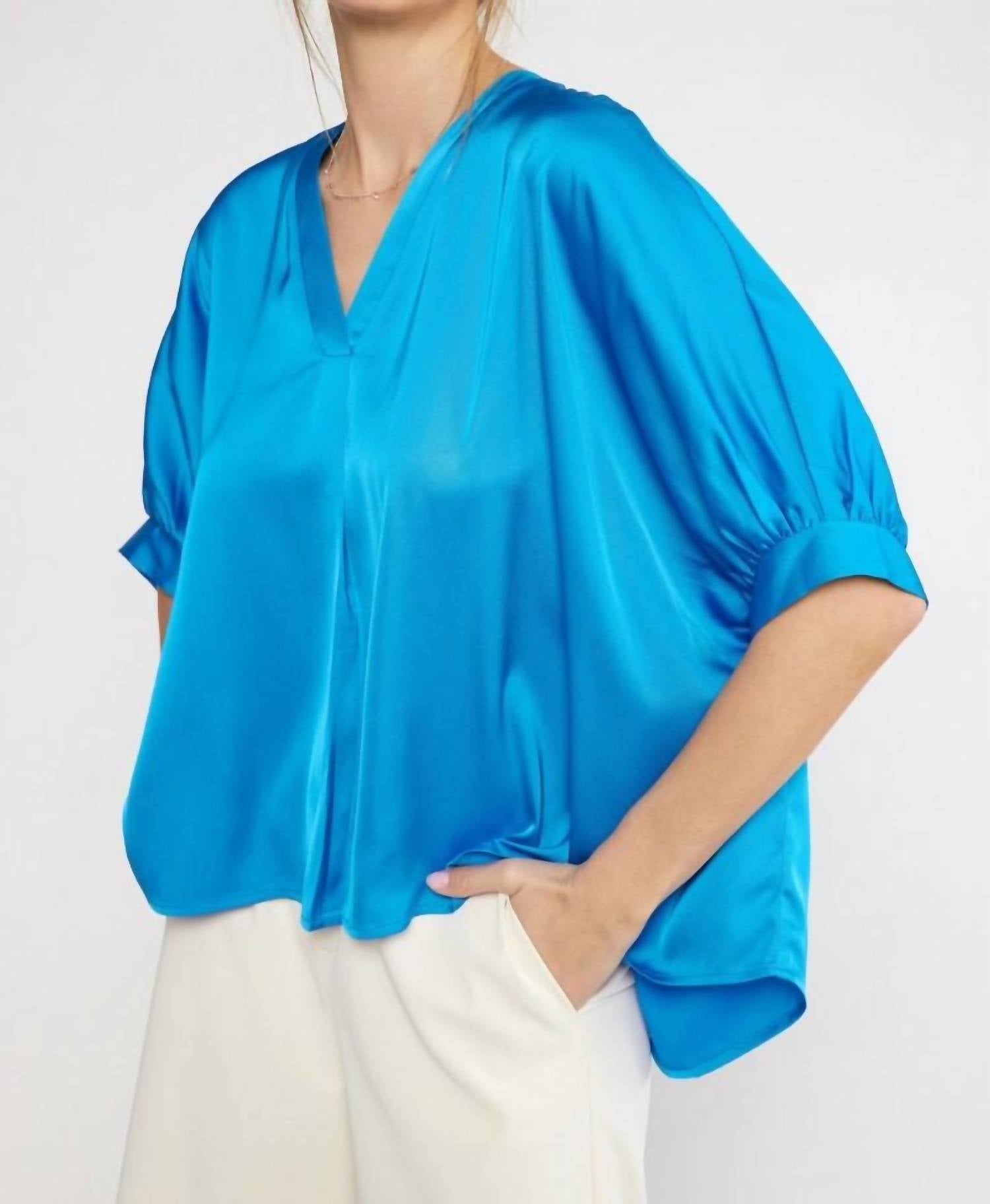 Entro - Satin V-neck Placket Blouse - Plus