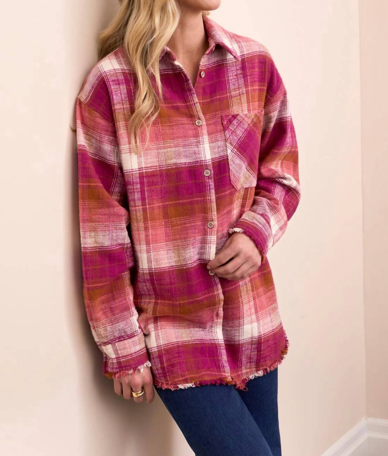 TRIBAL Oversized Flannel Fringed-Hem Shirt in plumwine - women's shirt