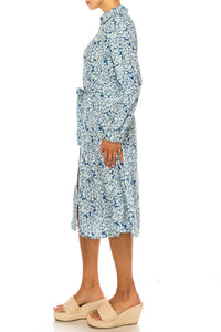 Vivid - Long Sleeve Belted Floral Shirt Dress