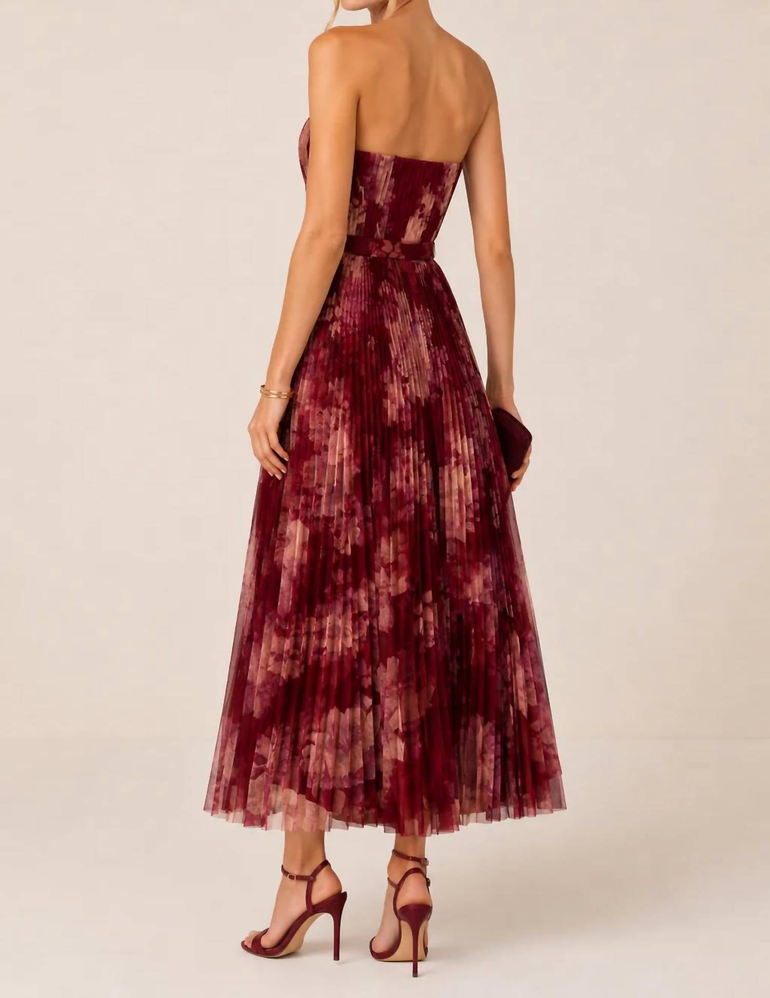Hutch - Graphic Romantic Floral Pleated Strapless Midi Dress