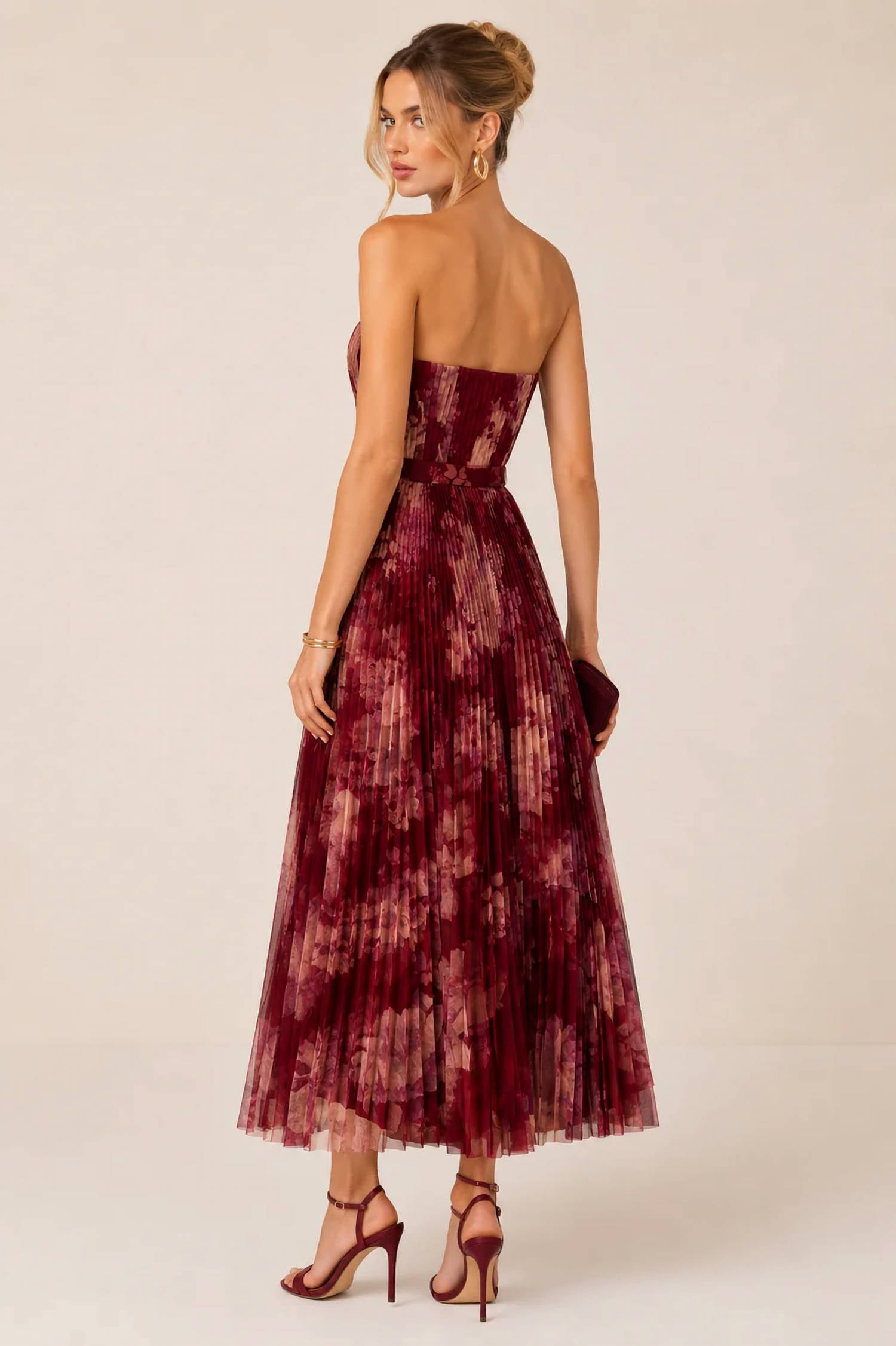 Hutch - Graphic Romantic Floral Pleated Strapless Midi Dress