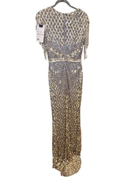 MAC DUGGAL Women's High Neck Beaded Fringe Fitted Gown in platinum - women's dress - detail view