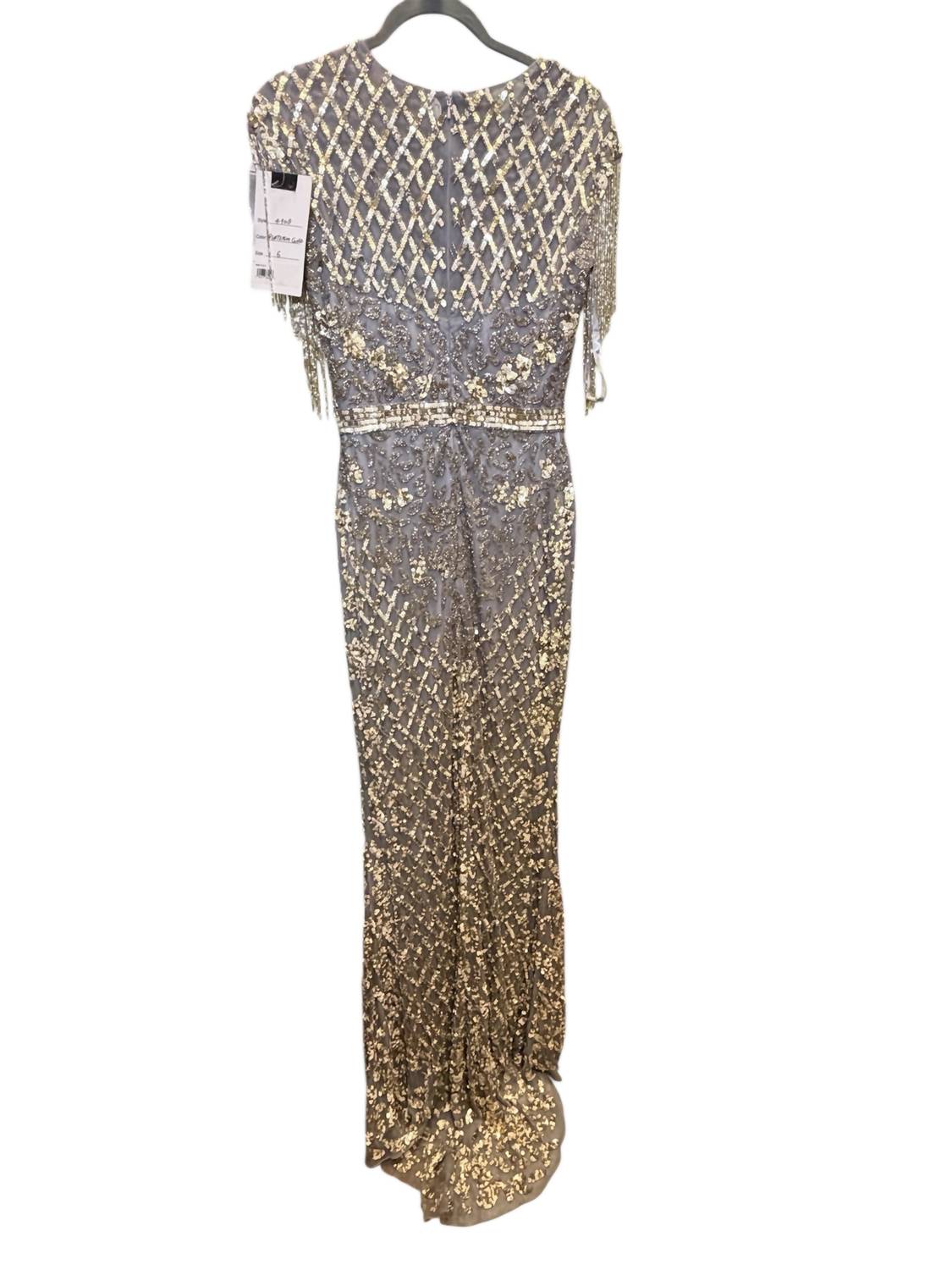 MAC DUGGAL Women's High Neck Beaded Fringe Fitted Gown in platinum - women's dress - detail view