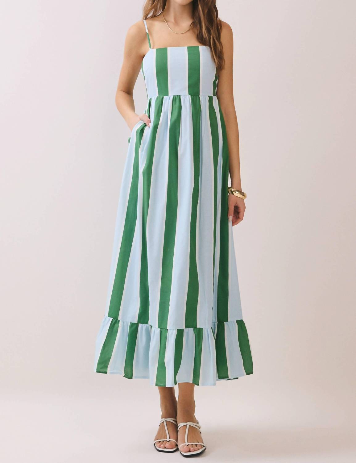 TCEC Stripe Smocked Maxi Dress With Pockets in green - women's dress