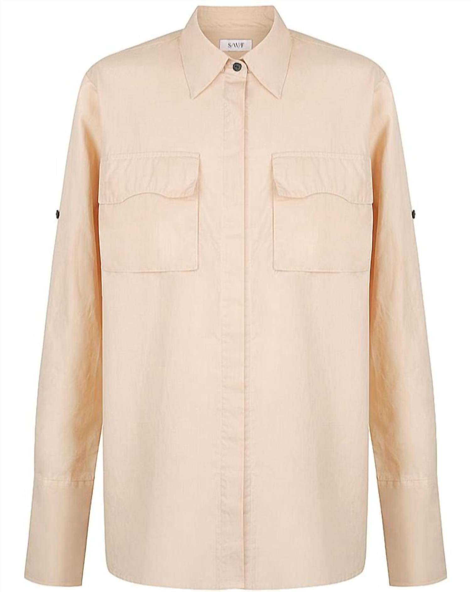 S/W/F Women's Utilitarian Shirt in beige - women's long sleeve top - detail view