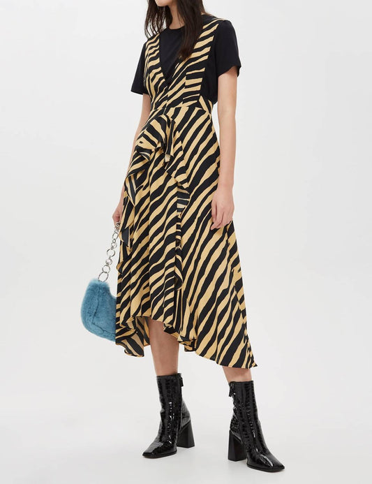 Topshop - Zebra Print Striped Pinafore V Neck Dress