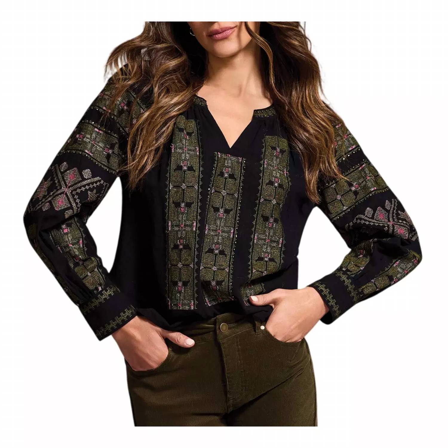 TRIBAL Women's Embroidered Boho Long Sleeve Notch Neck Blouse in black - women's blouse
