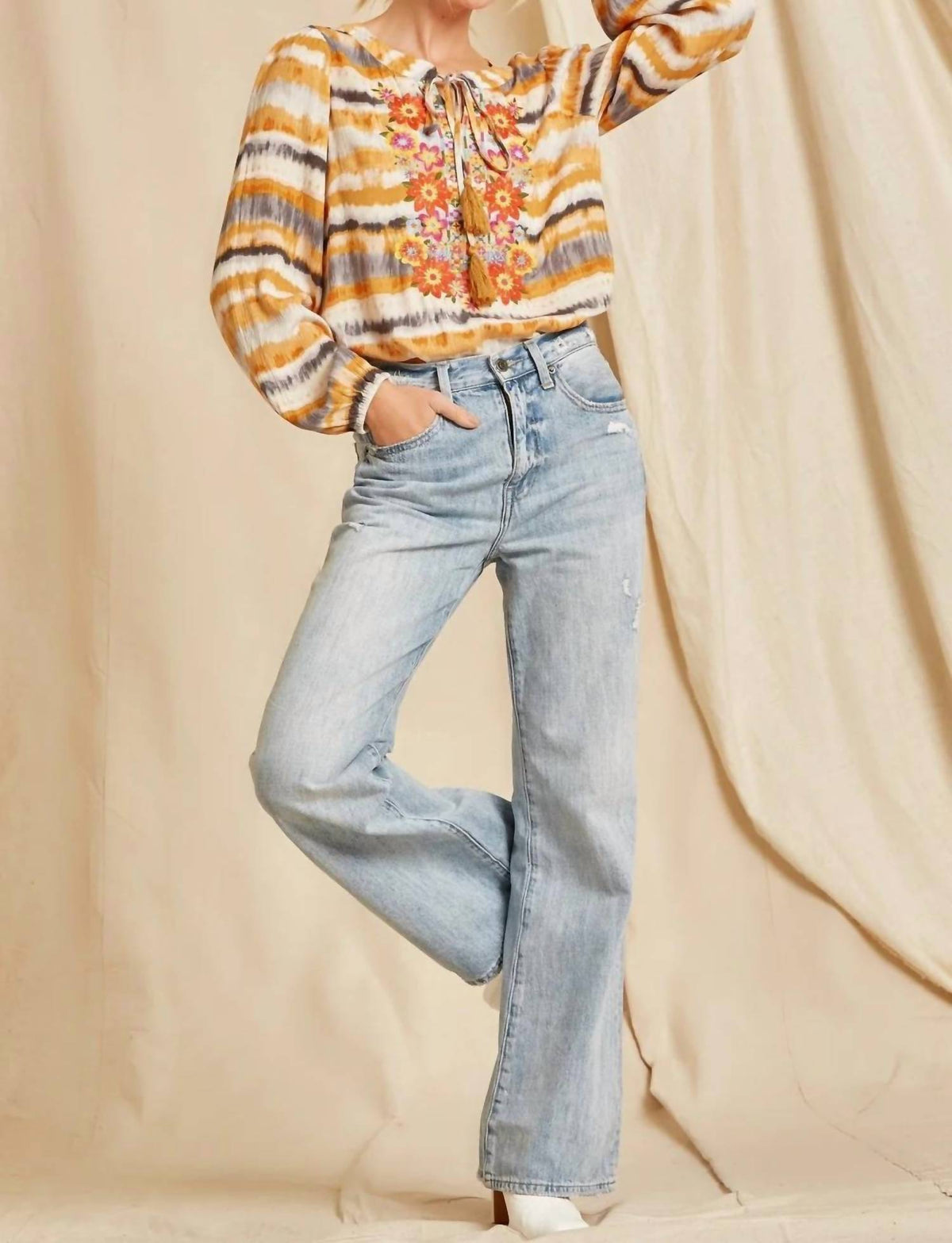 Andree By Unit - Tie Dye Floral Embroidered Top