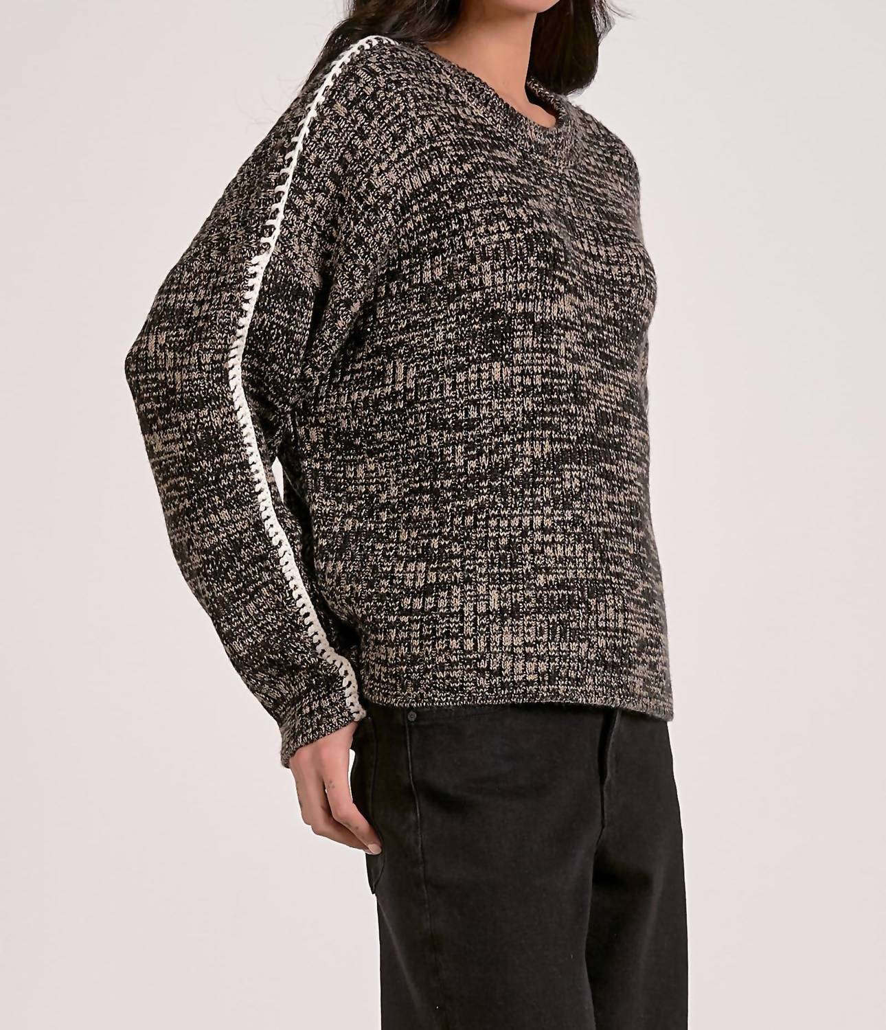 ELAN Crewneck Blanket Sweater in black white - women's sweater - detail view