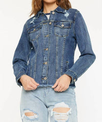 KanCan Fray Hem Denim Jacket in dark wash - women's jacket - detail view