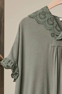 Mello Women's Eyelet Lace Layered Oversized Hooded Top in dusty olive - women's shirt - view 4