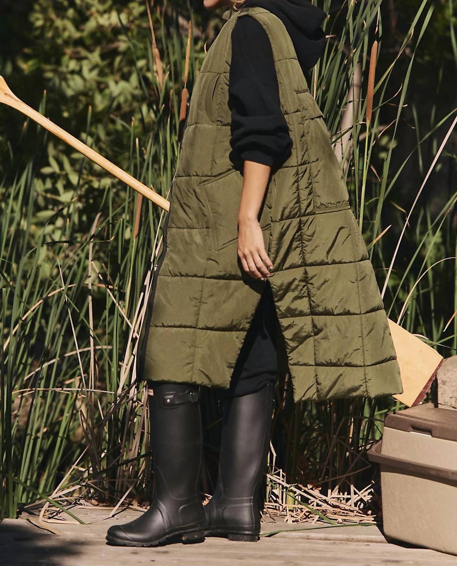 Free People On The Move Packable Puffer Vest in seagrass - women's jacket - detail view