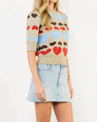 THML With All My Heart Short Sleeve Heart Knit Top in beige multi - women's sweater - view 7