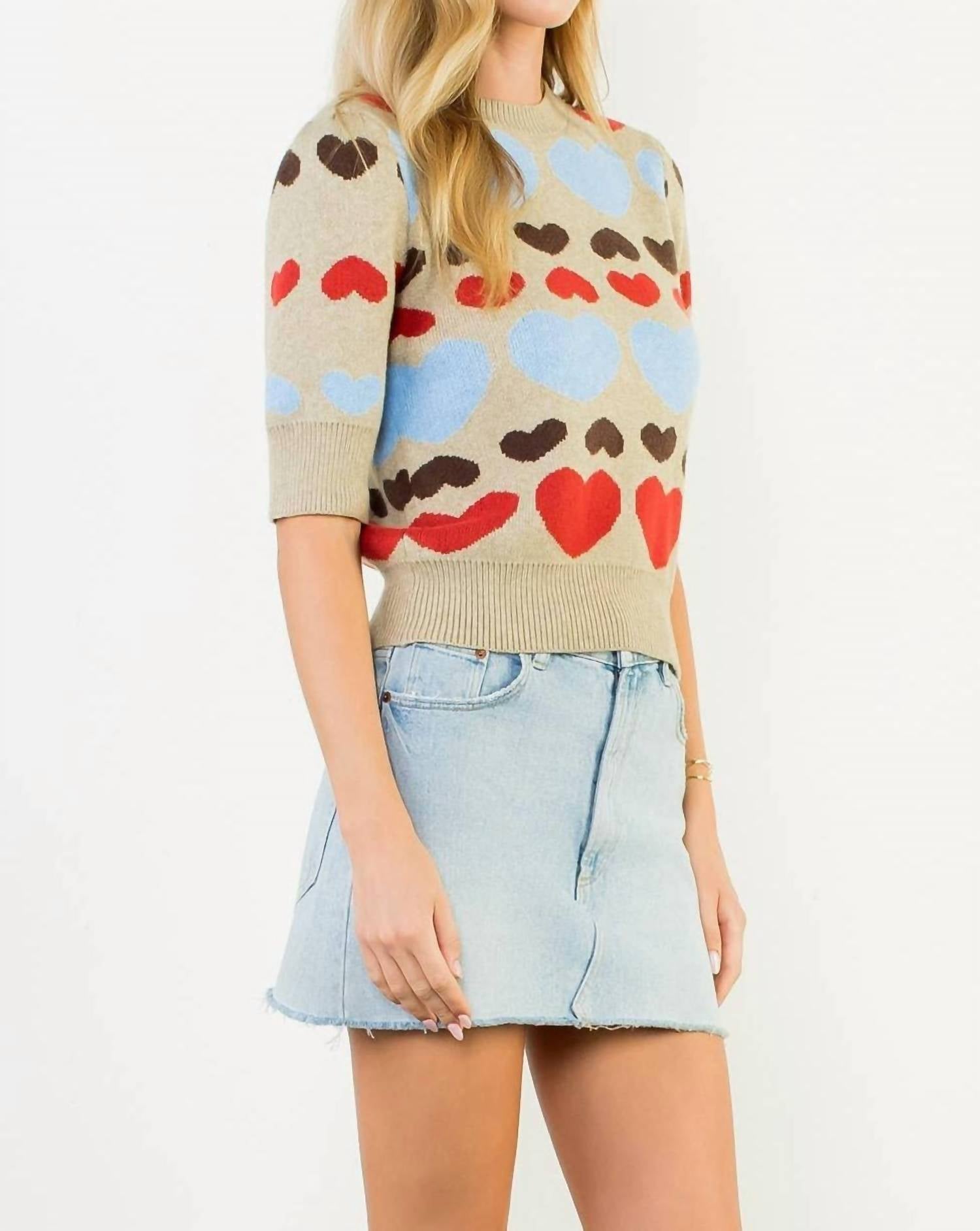 THML With All My Heart Short Sleeve Heart Knit Top in beige multi - women's sweater - view 7