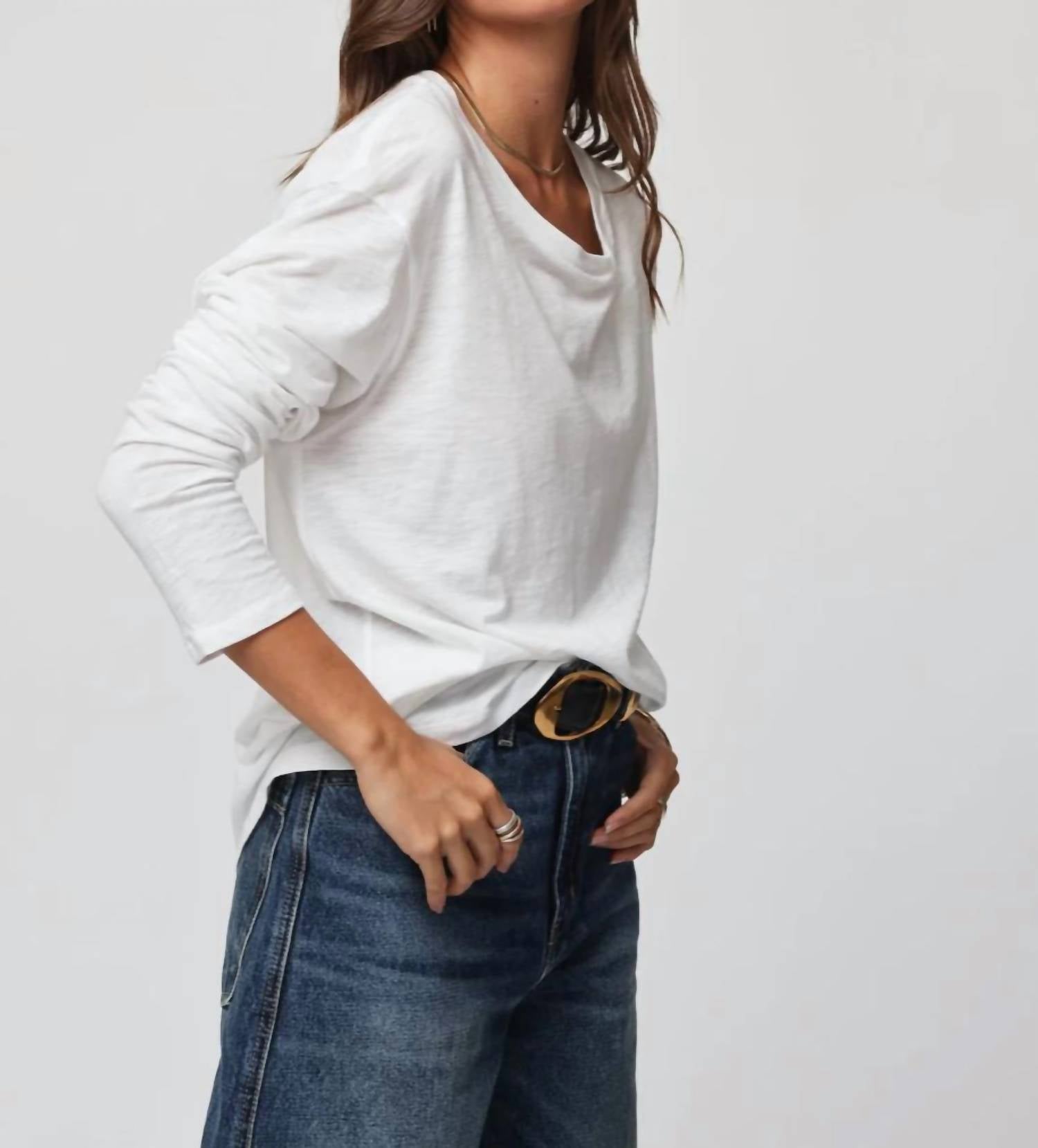 Stillwater Oversized Long Sleeve Tee in white - women's long sleeve top - detail view