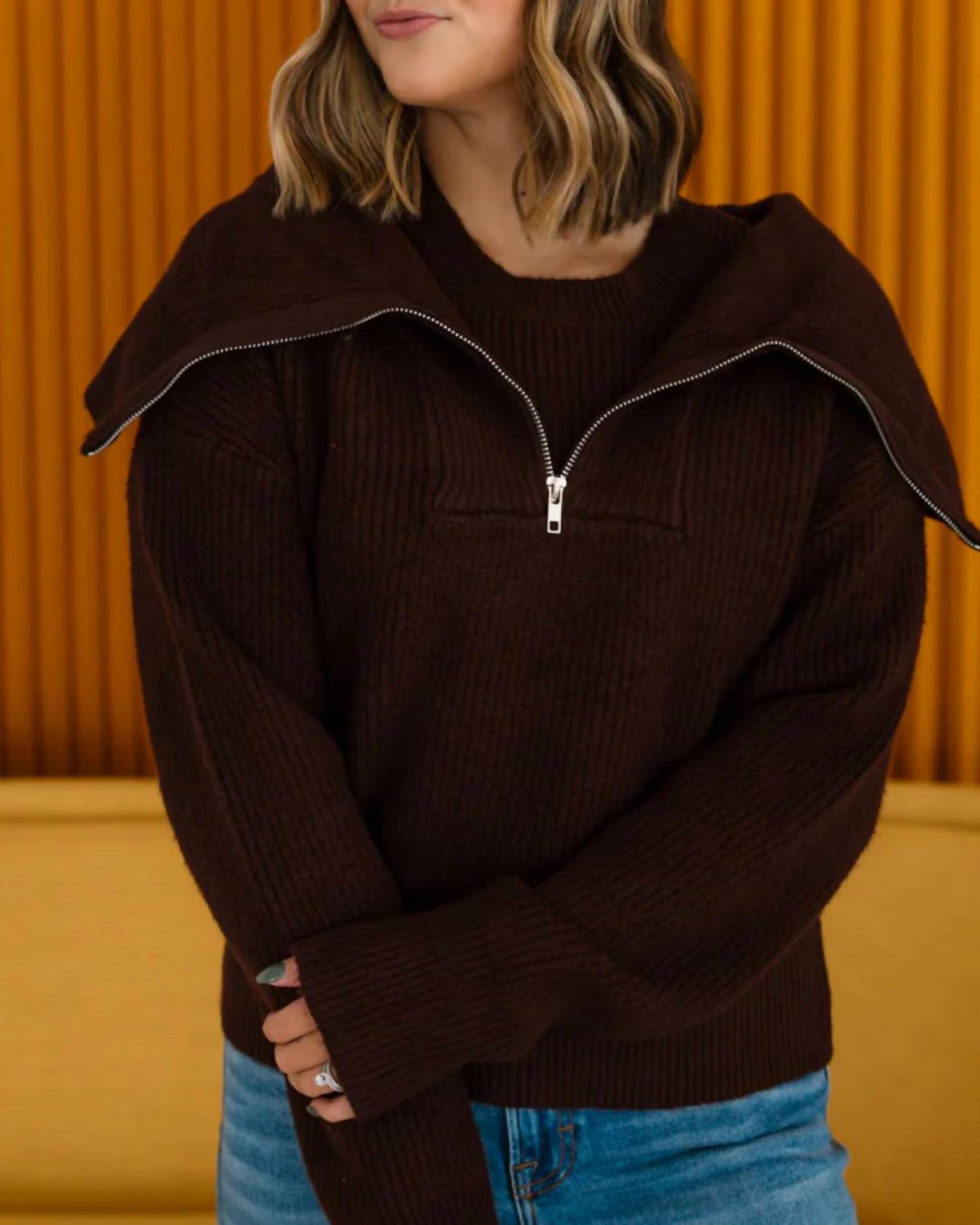 Thread & Supply Josie Half Zip Pullover in dark brown - women's cardigan