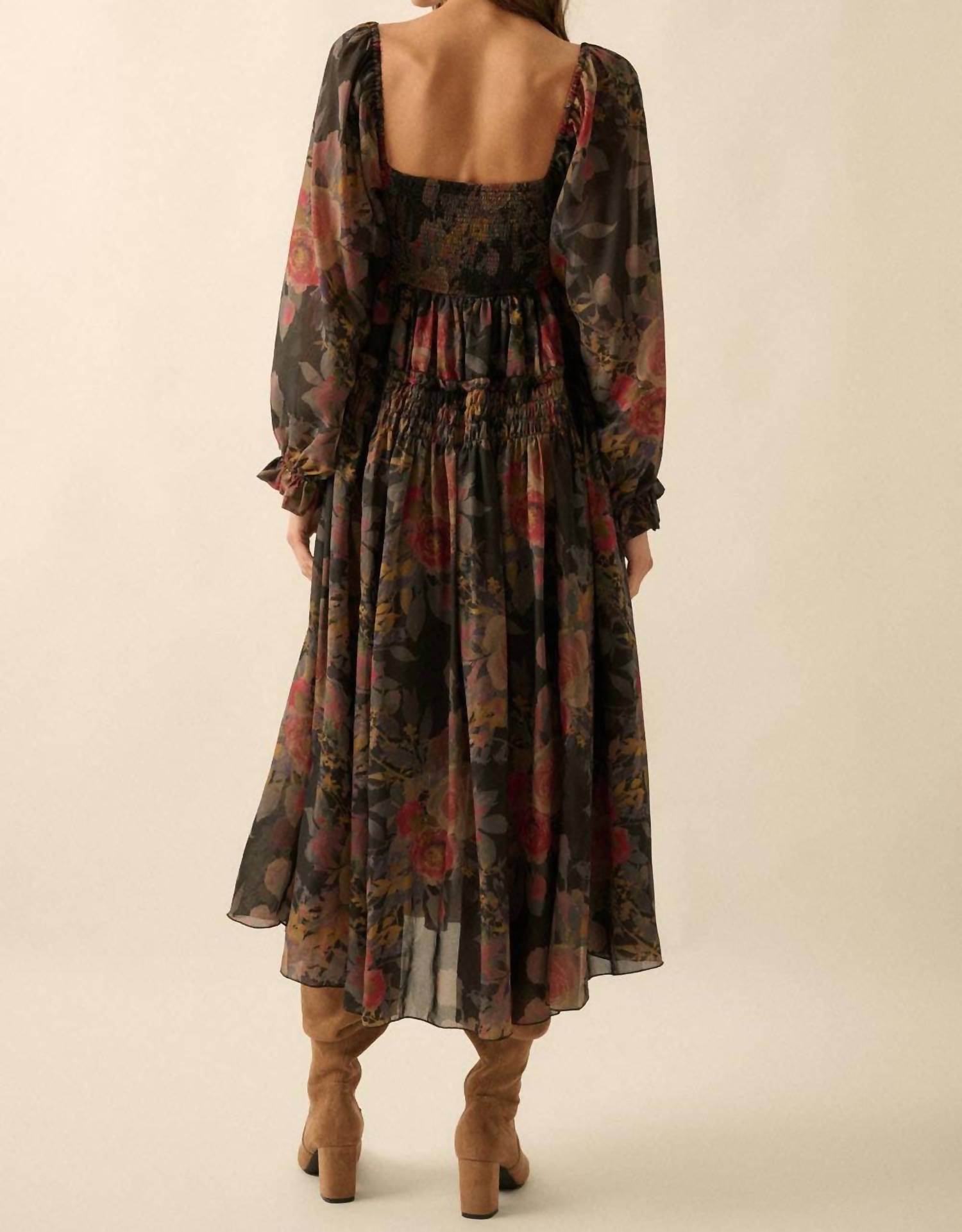 Promesa - Floral-print Smocked Bubble Sleeve Maxi Dress
