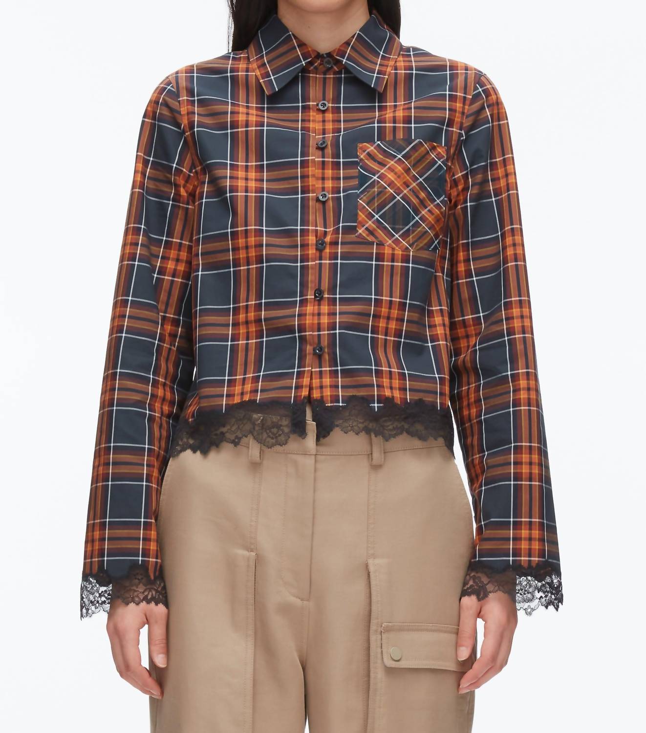 3.1 Phillip Lim - Long Sleeve Cropped Shirt With Lace Hem