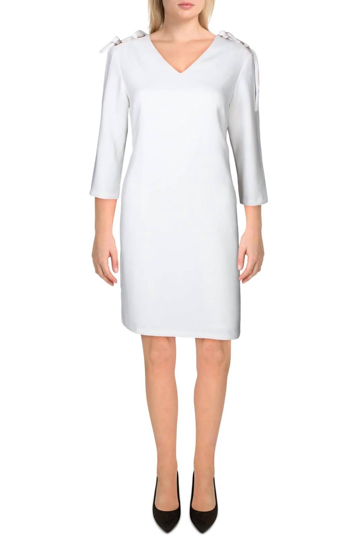 T Tahari - V-neck 3/4 Sleeve Ribbon Shoulder Dress