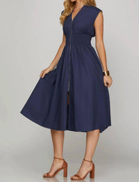 She + Sky - Drop Shoulder Front Zip Midi Dress