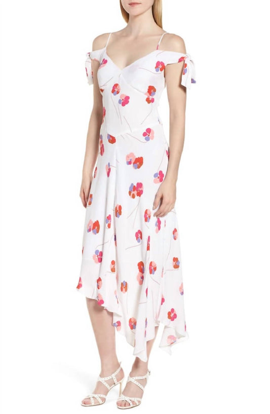 Lewit - Tie Sleeve Cold Shoulder Floral Midi Flounce Dress