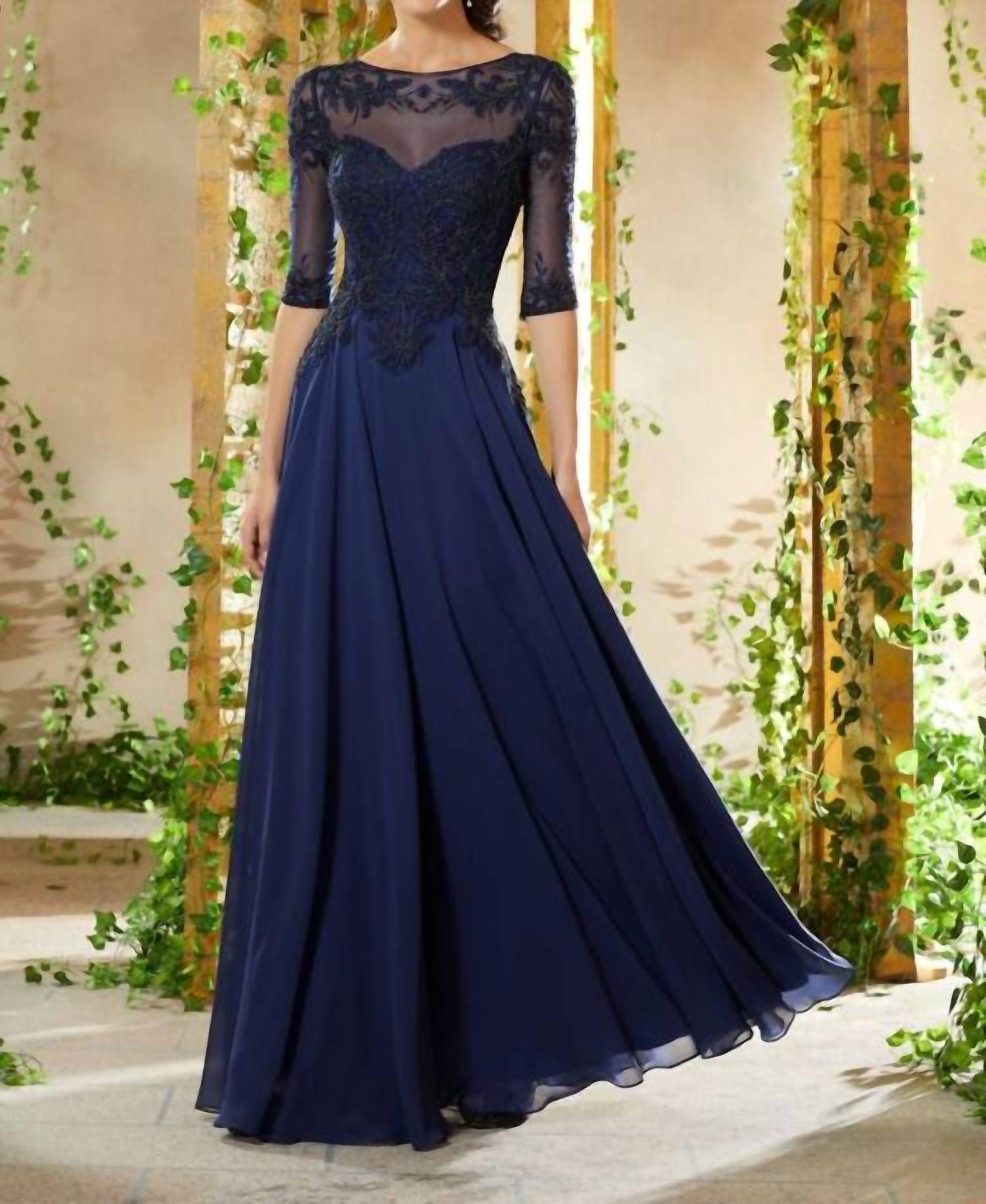 MGNY Beaded Embroidered Bodice Mother Of The Bride Gown in navy - women's dress