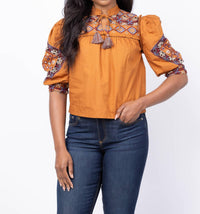 LOVE THE LABEL Diella Embroidered Top in caramel - women's blouse