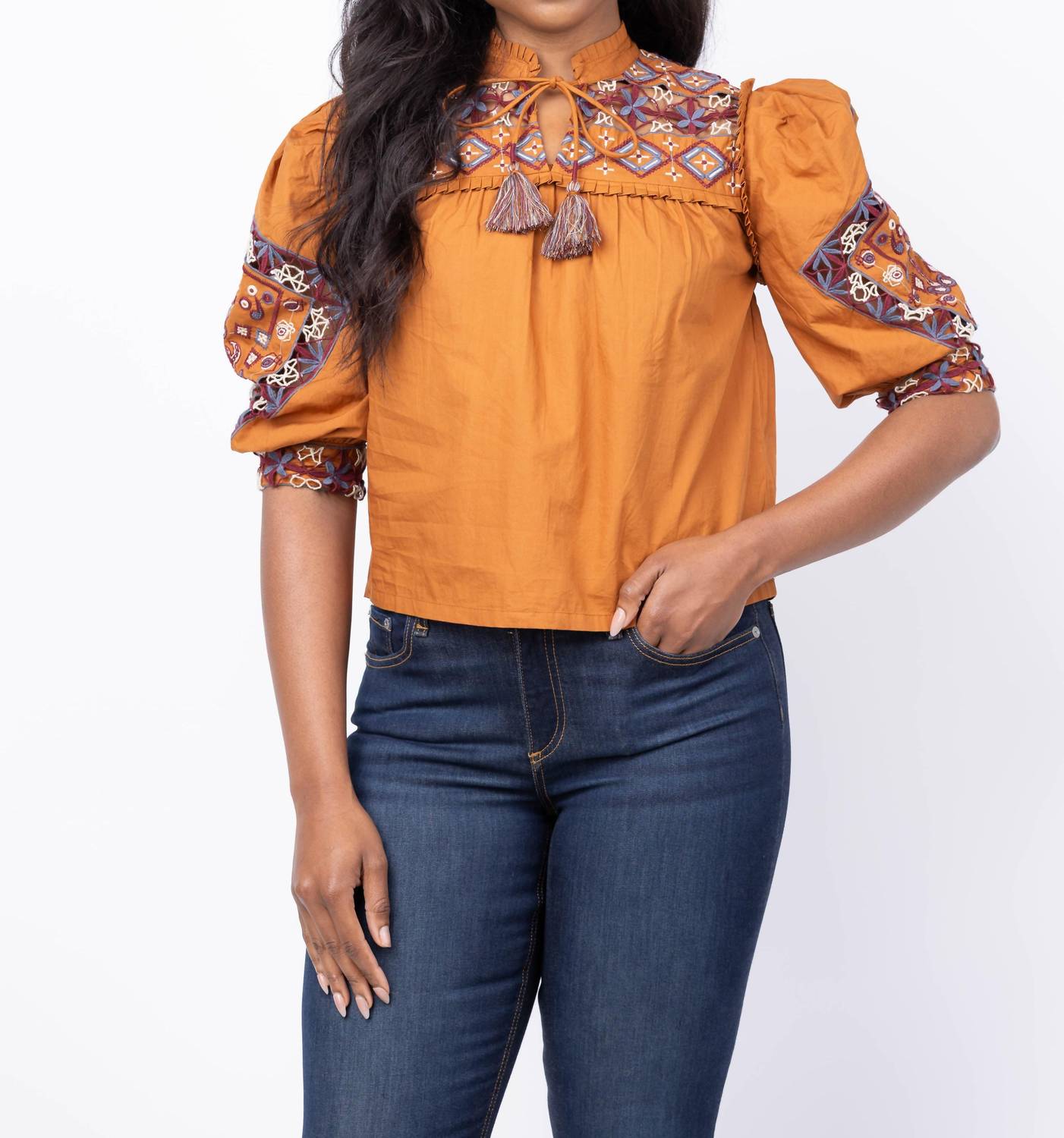 LOVE THE LABEL Diella Embroidered Top in caramel - women's blouse