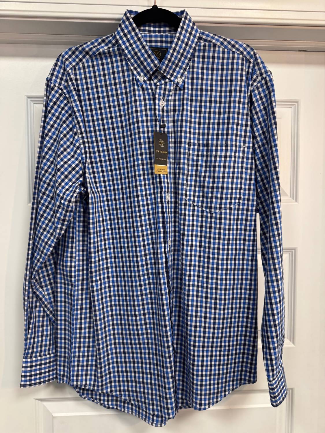F/X Fusion Men's Long Sleeve Stretch Repeat Match Gingham Shirt in royal navy - men's long sleeve top