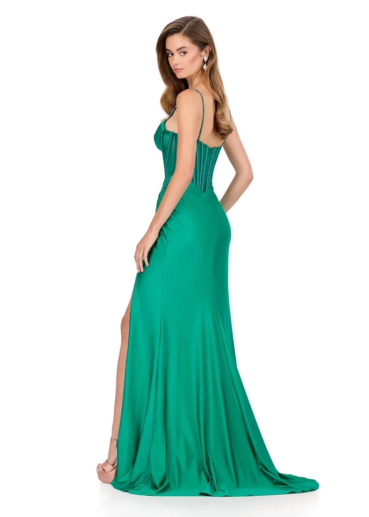 ASHLEYlauren Beaded Bustier Fitted Gown in emerald - women's dress - alternate view