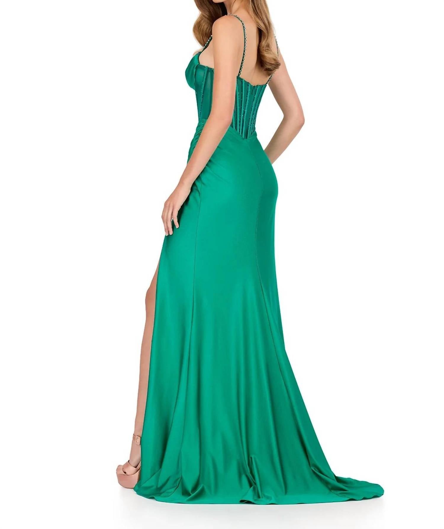 ASHLEYlauren Beaded Bustier Fitted Gown in emerald - women's dress - detail view